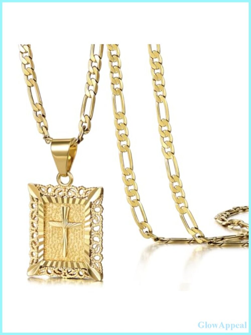 14K Gold Plated Cross Pendant Necklace Women Men Figaro Chain
